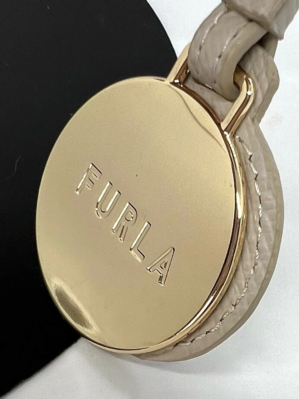 Furla Leather Gold Arch Round Logo Handbag Bag Charm Key Ring Beige
